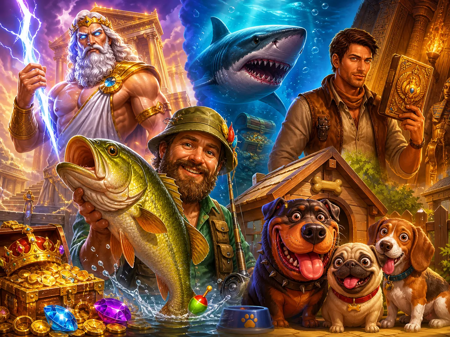 Colorful and imaginative slot game scene with mythical creatures and fantasy elements representing NV Casino offerings.
